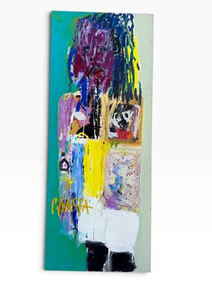 an abstract painting of a woman with a flower in her hair
