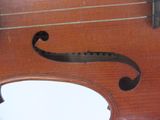 a close up of a violin that is on display