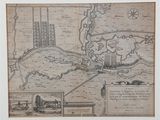 une vieille carte représentant une ville avec une rivière et une autre ville au milieu