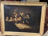 an old painting of a group of men sitting around a man laying on a bed