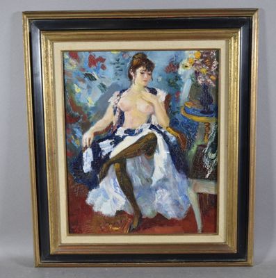 painting of a woman sitting in a chair with a blue dress