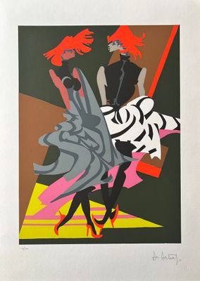 une image représentant un tableau où figurent deux femmes vêtues de noir et de rouge