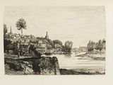 dessin représentant une vue d'une ville avec une rivière au premier plan
