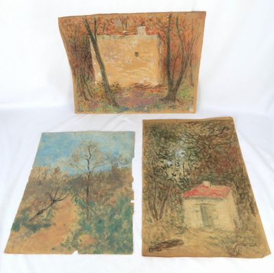 trois tableaux représentant des arbres et une maison sur fond blanc