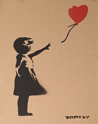 a painting of a little girl holding a red balloon