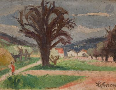 tableau représentant une femme marchant sur un chemin de terre à côté d'un arbre