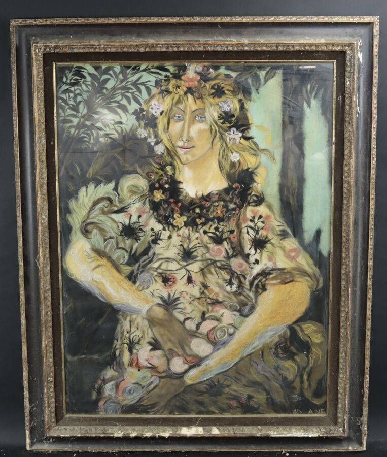 École XXe "Portrait de femme aux fleurs", technique mixte su…