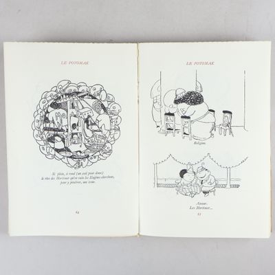 an open book with a drawing of a man and a woman sitting on a couch