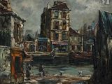 un tableau représentant une scène de rue avec des bâtiments et un bateau