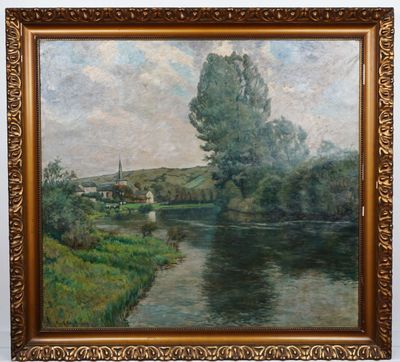 a painting of a river with a church in the distance