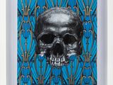 an image of a skull on a blue and gold background