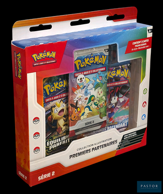une boîte de cartes Pokémon exposée sur un fond noir