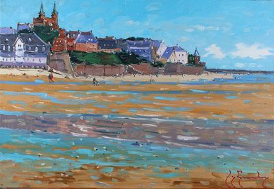 tableau représentant une vue de plage avec un château en arrière-plan