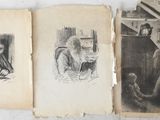 two old books with drawings of people and a dog on them
