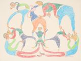 drawing of a group of people in a circle holding hands