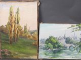 two paintings of trees and a river with a bridge in the background