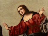 an image of a painting of jesus and a woman in a red dress