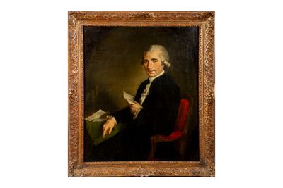 tableau représentant un homme en costume noir assis à une table avec un livre