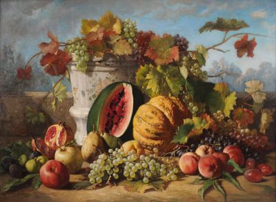tableau représentant une nature morte composée de fruits et de légumes posés sur une table