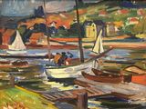 a painting of boats on the water near a dock