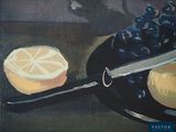 a painting of a knife and some fruit on a plate