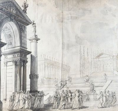 un vieux dessin représentant un groupe de personnes debout devant un bâtiment