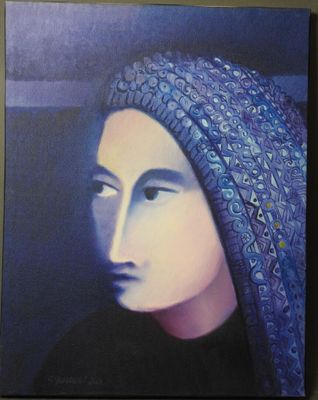 tableau représentant une femme portant un foulard bleu sur la tête