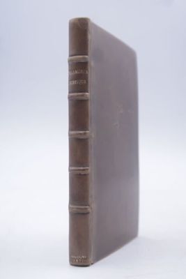 un vieux livre brun posé sur une surface blanche