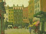 une peinture à l'huile représentant une rue de la ville où des gens se promènent