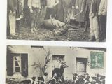 two old black and white photos of a group of men and dogs