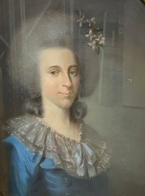 painting of a woman in a blue dress with a flower in her hair