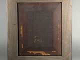 an old picture of a picture of a wooden frame with a tag on it