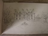 pencil drawing of a house in the middle of a snow covered field