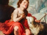 painting of a boy with a sheep and a shepherd in a rocky landscape