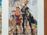 two art work of a woman and a man sitting on a chair in front of a poster