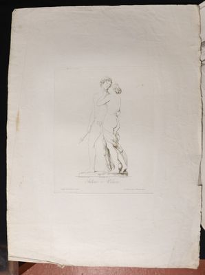 an old drawing of a man and a woman standing next to each other