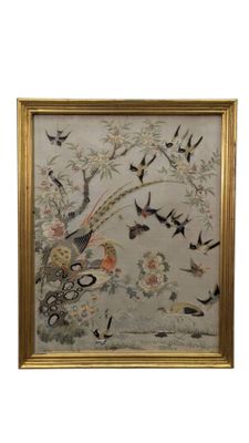 painting of birds and flowers in a gold frame on a white background