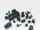 many toy army vehicles and tanks on a white surface
