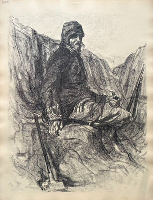 an old drawing of a man sitting on a bench with skis