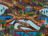 an image of a painting of a town with a river running through it