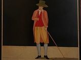 painting of a man in a red coat and yellow pants with a cane