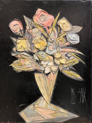a painting of flowers in a vase on a table
