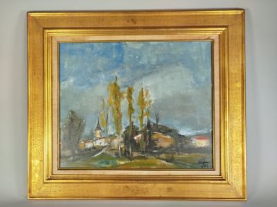 une peinture à l'huile d'un paysage avec des arbres dans un cadre doré