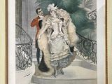 tableau représentant un homme et une femme en tenue de cérémonie, debout sur un escalier