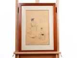 une image représentant un tableau sur lequel figurent une femme et un chat, posé sur un chevalet