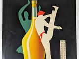 une vieille affiche représentant une femme appuyée contre une bouteille d'alcool