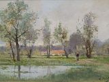 une photo d'un tableau représentant un paysage avec un étang