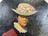 painting of a woman wearing a hat with flowers on it