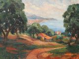 une image représentant une peinture d'un chemin de terre avec des arbres au premier plan