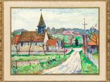 une image représentant un tableau d'une route de campagne avec une église en arrière-plan